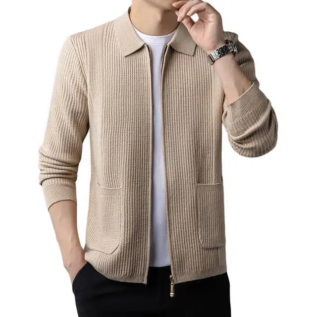 太子龍 拉链翻领长袖真口袋纯色外套针织衫 男款