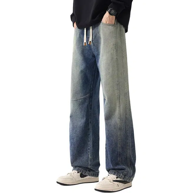 线条拼接设计赫赫良衣 美式复古痞帅高街少年感水洗做旧扎染直筒长裤子休闲百搭舒适运动显高显瘦小众高级感学院风韩系潮牌牛仔裤 男女同款