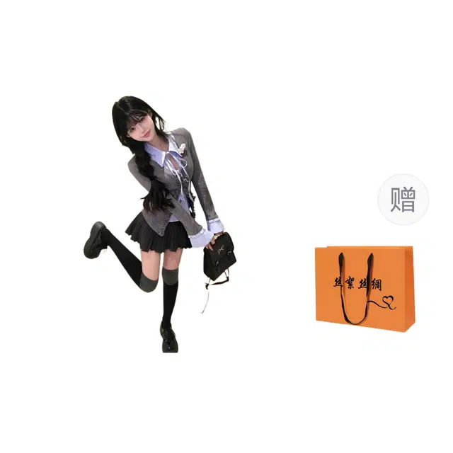 丝絮丝绸 早秋法式复古气质减龄假两件长袖拼接衬衫百褶裙两件套裙装套装 女款