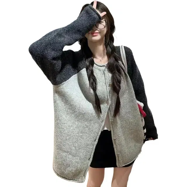 黛尔佳人 韩系慵懒芝麻糊糊设计感拼色开衫女学院气质长袖外套针织 女款