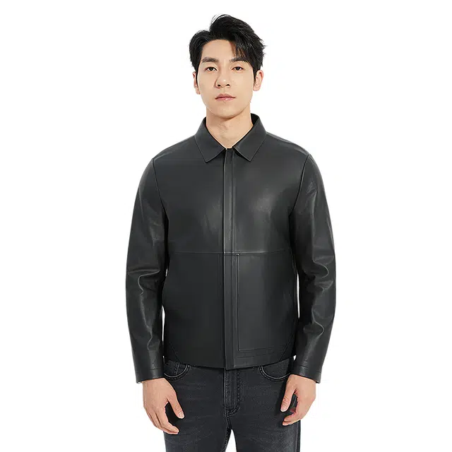 利郎 商务休闲纯色翻领质感简约短款修身秋季皮衣 男款