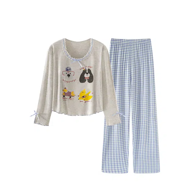 欧诗帛 甜美可爱长袖带胸垫可外穿家居服长裤睡衣套装 女款