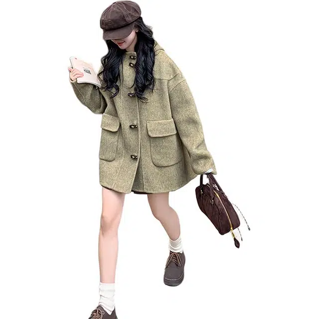 稻草人 复古风连帽设计双面呢料简约时尚休闲百搭韩版外套羊毛大衣 女款
