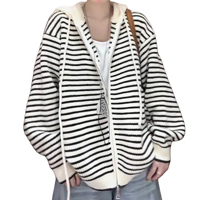 兰缪 韩系软糯撞色条纹时尚百搭宽松连帽长袖针织衫 女款