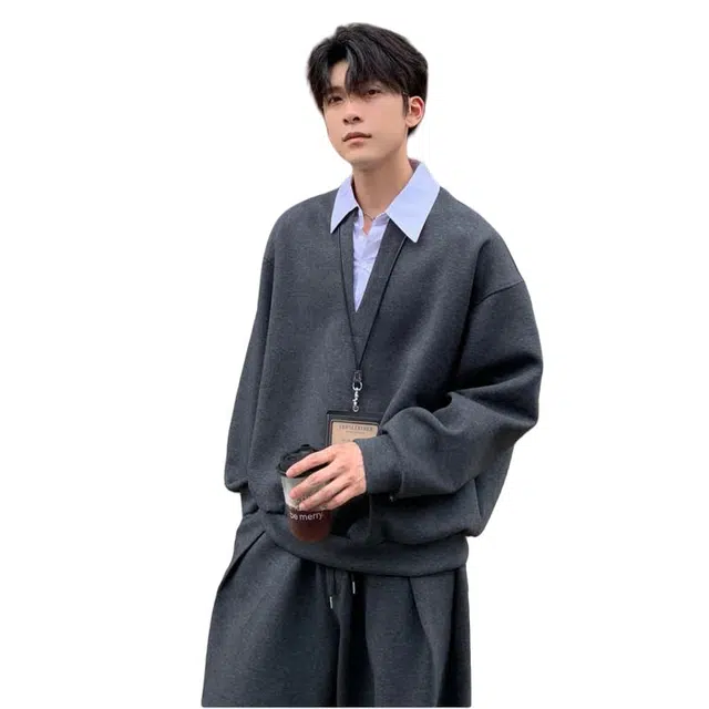 加荣 美式假两件翻领卫衣男款复古高街简约小众设计男秋潮流日常通勤宽松高级感男外套春秋季时尚高端衣服慵懒风男装上衣 男女同款