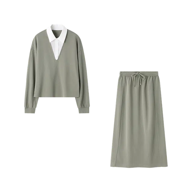 佐塞斯 高端品质新派学院风都市休闲撞色假两件卫衣半裙裙装套装 女款