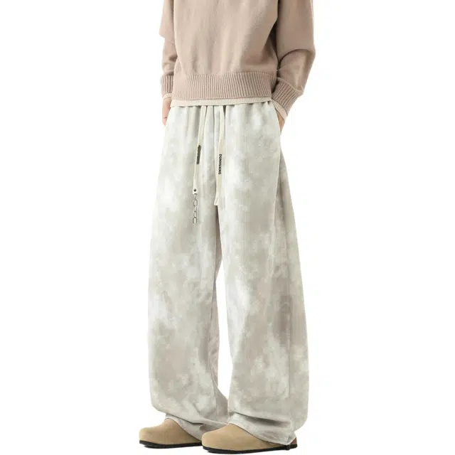 敦煌博物馆 美式复古水洗扎染晕染高级感直筒垂感拖地慵懒感显高显瘦阔腿裤松紧抽绳无性别主义宽松舒适百搭四季运动休闲裤 男女同款