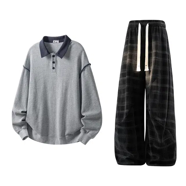 梓润格 秋季美式潮流港风简约纯色拼接袖子设计华夫格翻领卫衣小众个性慵懒感时尚宽松舒适百搭肌理感格纹休闲松弛感弯刀裤套装 男女同款