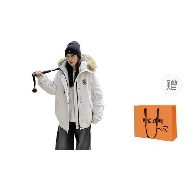 丝絮丝绸 连帽毛领设计宽松时尚复古保暖棉服 女款