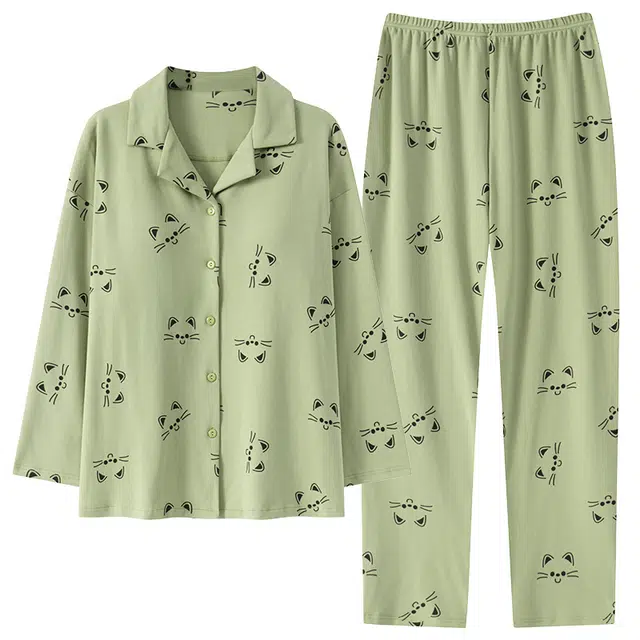 俏佳人 纯棉翻领开衫动物图案休闲宽松舒适亲肤透气长袖长裤家居服睡衣套装 女款