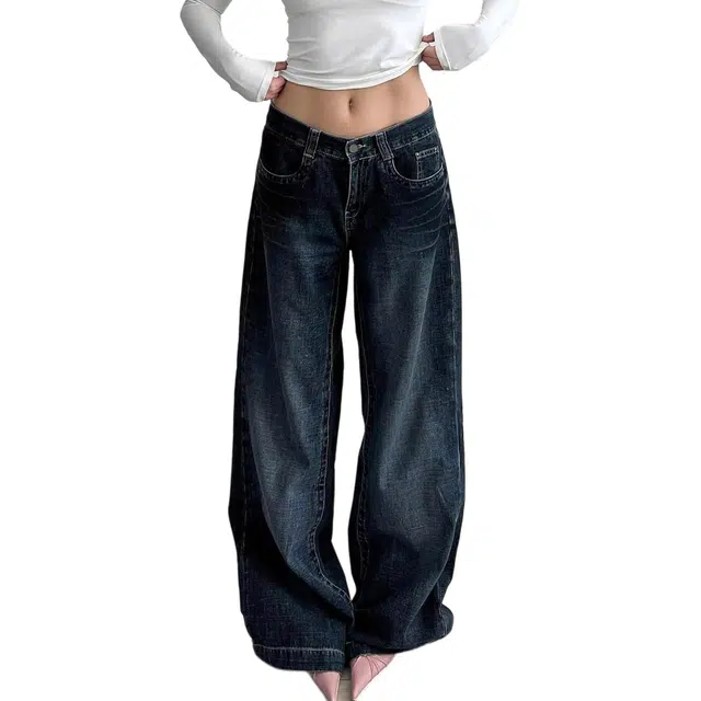 如续 美式复古水洗做旧宽松直筒长裤潮流猫须纹窄版阔腿牛仔裤 女款