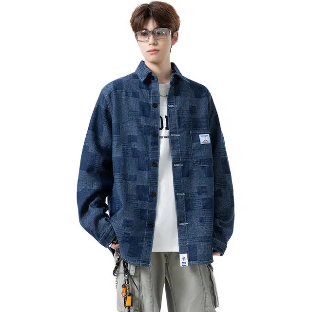 左岸 潮牌美式水洗做旧绣标长袖牛仔男女春秋季宽松百搭上衣休闲衬衫 男款