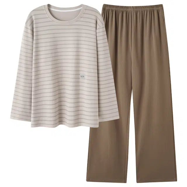 俏霓桐 简约条纹圆领纯棉亲肤舒适百搭休闲长袖长裤家居服可外穿睡衣套装 男款