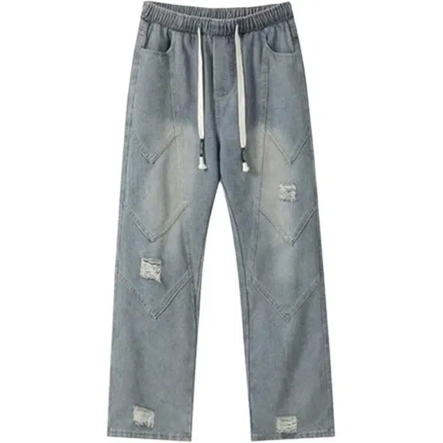 爱肯 复古美式水洗小众设计感 高街做旧破洞学院风舒适痞帅直筒长裤阔腿裤子牛仔裤 男女同款