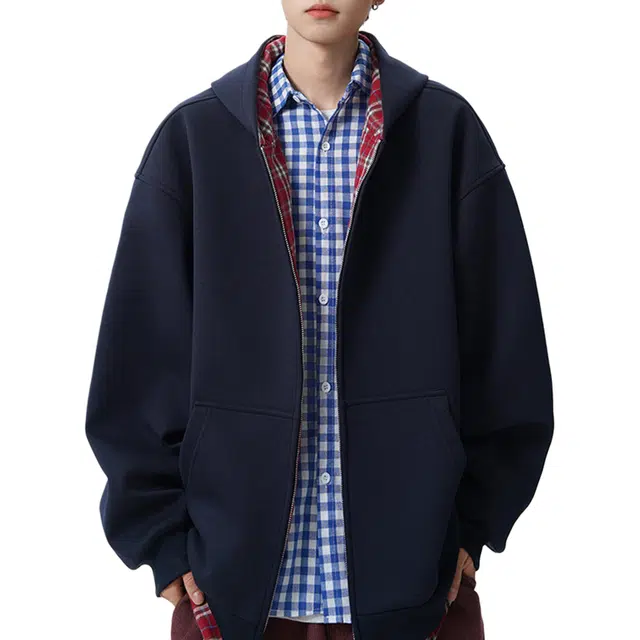冈哉 格子拼接假两件纯色连帽开衫设计美式复古学院风宽松休闲重磅日常通勤卫衣外套 男女同款
