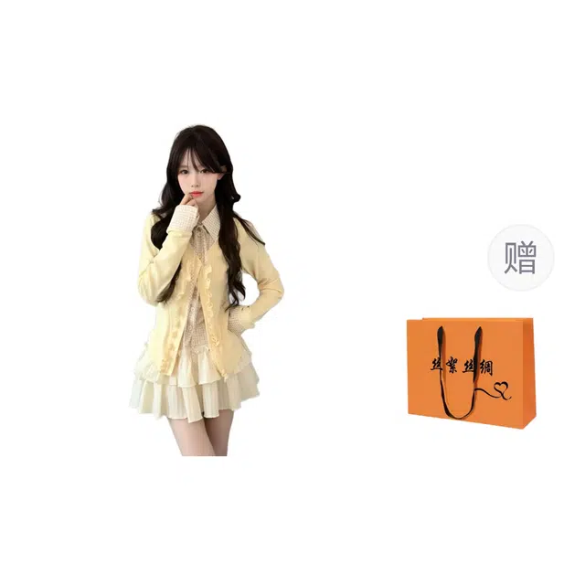 丝絮丝绸 温柔甜美学院风春秋假两件上衣+蛋糕半裙两件套 长袖连衣裙 女款