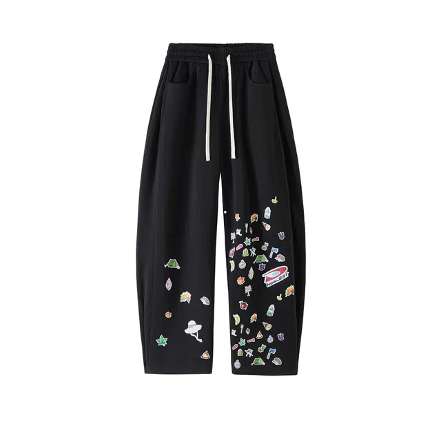 海尔斯 涂鸦设计中腰弯刀宽松系带休闲裤 男款