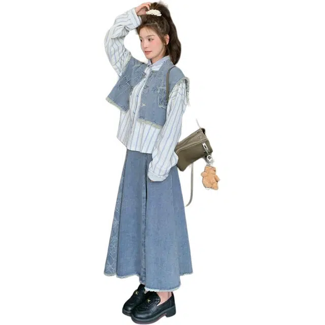 稻草人 牛仔马甲条纹衬衫半身裙时尚穿搭三件套裙装套装 女款