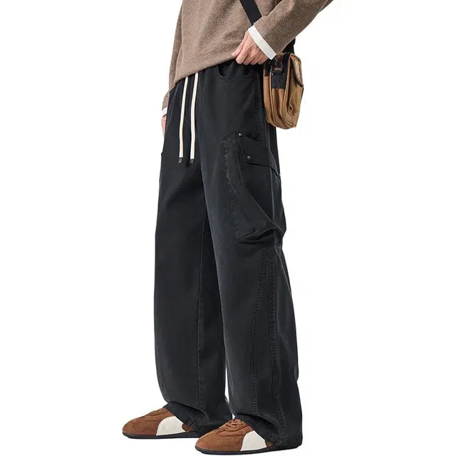 个性多口袋设计赫赫良衣 美式复古痞帅高街少年感纯色高颜值工装阔腿长裤子百搭舒适运动显高显瘦小众高级感学院风韩系潮牌休闲裤 男女同款