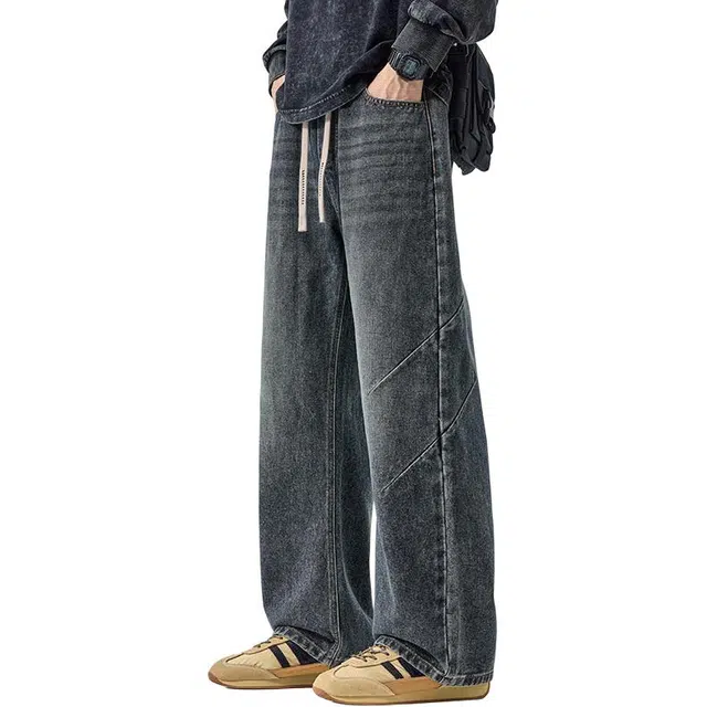 个性褶皱设计赫赫良衣 美式复古痞帅高街少年感水洗做旧扎染直筒长裤子休闲百搭舒适运动显高显瘦小众高级感学院风韩系潮牌牛仔裤 男女同款