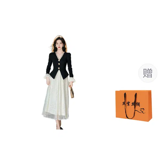 丝絮丝绸 法式高级感洋气春秋韩版收腰显瘦假两件名媛千金风长裙子长袖连衣裙 女款