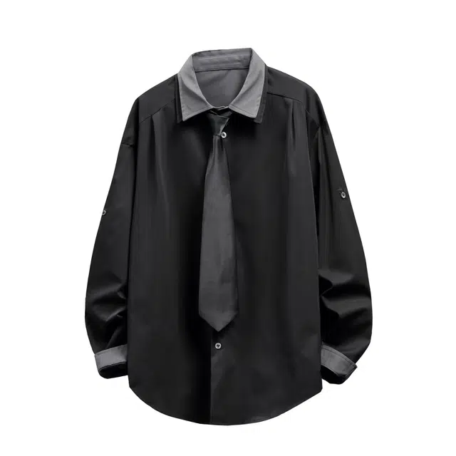 孜讯 复古简约假两件设计感早秋衫衣中性风潮牌百搭时尚秋季穿搭长袖外套舒适日常通勤小领带休闲长袖衬衫 男女同款