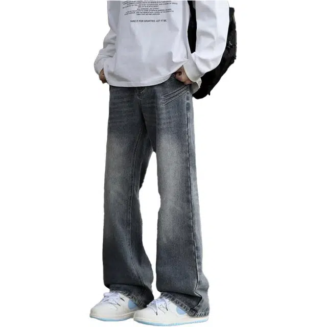 太子龍 美式港风时尚潮流百搭渐变水洗加绒加厚直筒宽松男士休闲长裤子牛仔裤 男款