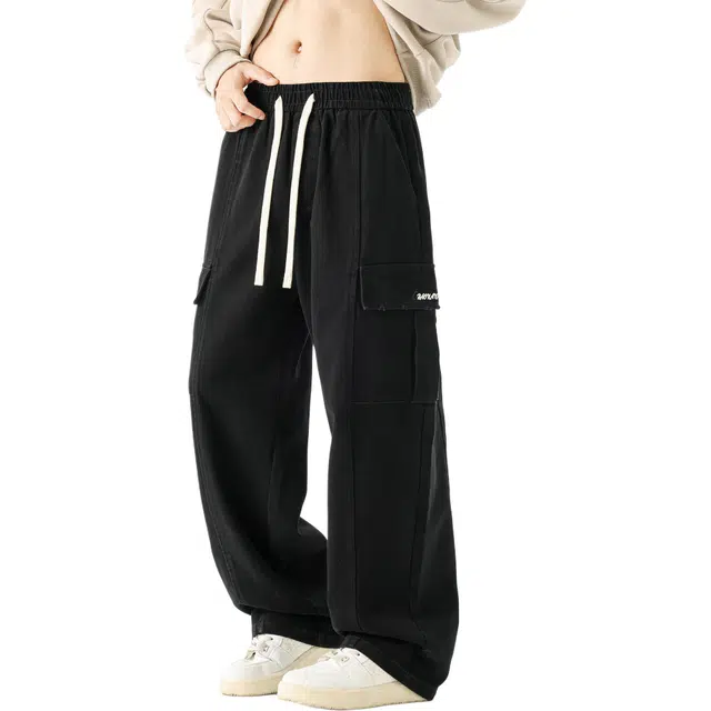 瑞梵帝斯 秋冬潮牌基础纯色简约明线解构多口袋休闲直筒裤美式复古宽松百搭中腰舒适阔腿哈伦拖地时尚工装裤 男款