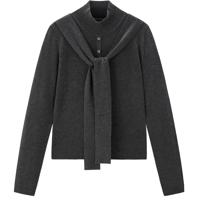 太平鸟 时尚简约休闲舒适优雅可打结飘带短款毛衫上衣半高领套头针织衫 女款