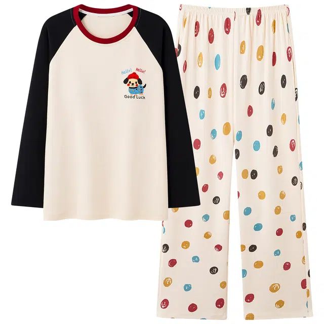 俏霓桐 可爱卡通圆领纯棉亲肤时尚撞色彩色圆点休闲甜美长袖长裤家居服可外穿睡衣套装 女款