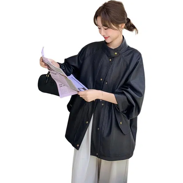 稻草人 复古立领高级感中长韩版宽松休闲秋冬外套皮衣 女款