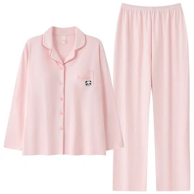 俏佳人 纯棉翻领开衫纯色熊猫休闲宽松舒适亲肤透气长袖长裤家居服睡衣套装 女款