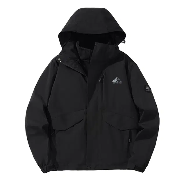 棉基因  户外系列 山系反光刻字膜工艺防风防水防油污宽松可拆卸连帽黑金保暖纯色印花 三合一 冲锋衣 男女同款