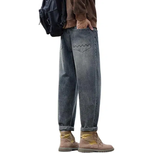 协协乐 美式复古做旧水洗春秋季超宽松直筒阔腿哈伦九分裤青少年百搭痞帅休闲长裤牛仔裤 男款