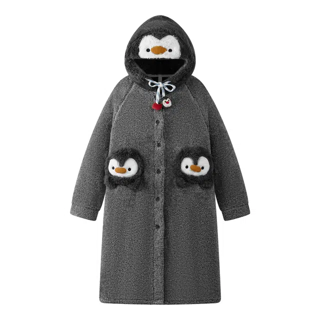 宫蝶 小企鹅保暖加厚珊瑚绒卡通睡衣家居服中长款休闲连帽可外穿冬季睡袍 女款