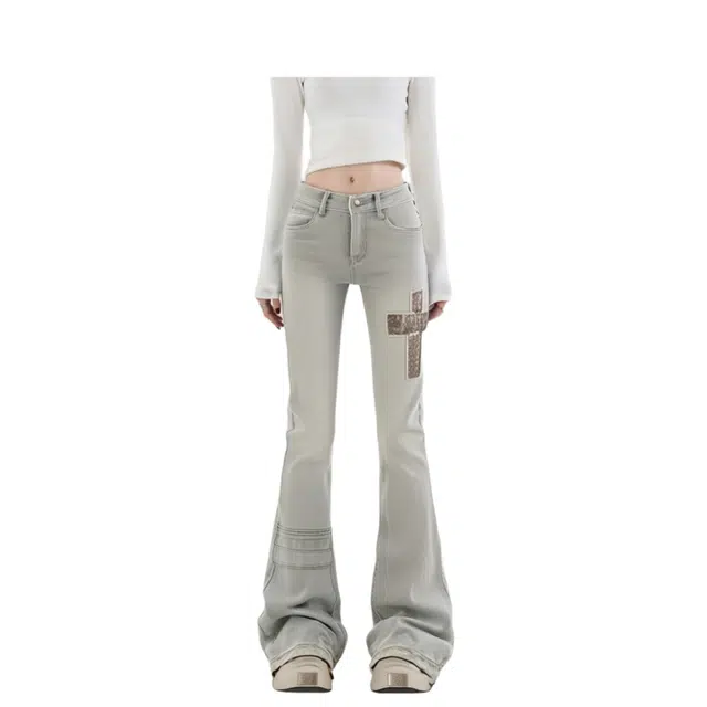 苏九儿 美式复古十字架贴布微喇高腰修身显瘦喇叭牛仔裤 男女同款