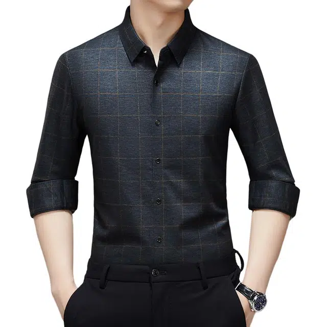 卡丹狄诺 含绵羊毛桑蚕丝舒适纯色垂顺爸爸装格子衬衣轻商务休闲秋冬季长袖衬衫 男款