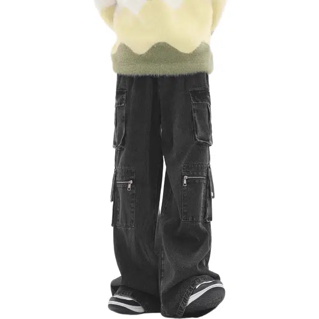 大格子与黑猫 裤子男潮流多口袋工装裤男宽松直筒阔腿高街美式复古帅气长裤 牛仔裤 男女同款