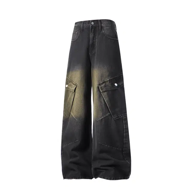 孜讯 美式复古工装大口袋拼接设计感水洗做旧长裤百搭宽松亲肤舒适日常通勤休闲牛仔裤 男女同款