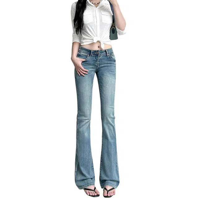 如续 美式复古辣妹风低腰猫爪微喇长裤时尚弹力刺绣喇叭牛仔裤 女款