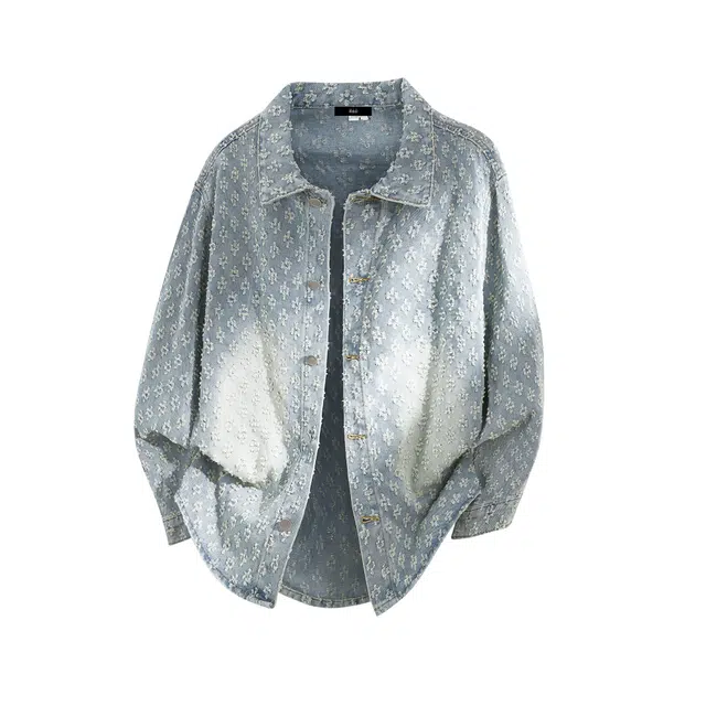 棉基因 美式高街复古水洗做旧裁片提花宽松休闲百搭痞帅潮流日常通勤单排扣翻领落肩无性别主义牛仔外套 男女同款