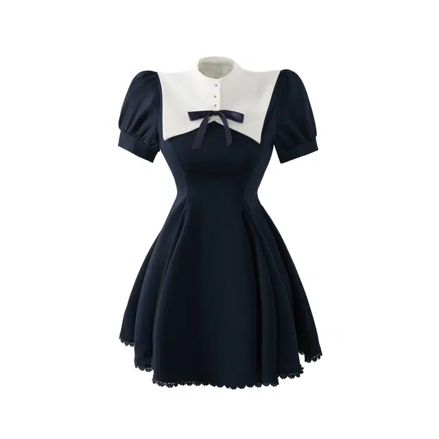 花山家的猫 日系可爱甜美气质蝴蝶结蕾丝边短袖连衣裙 女款