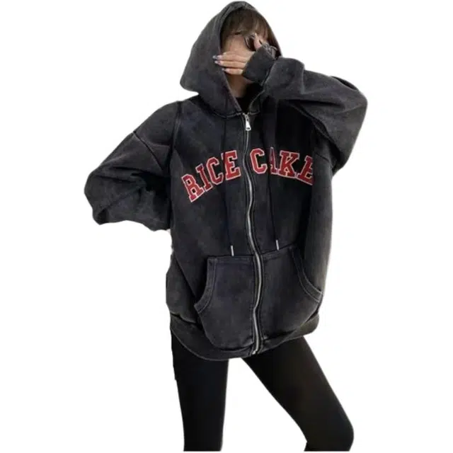 大格子与黑猫 美式复古水洗设计感宽松情侣做旧简约印花开衫连帽百搭外套潮 卫衣 男女同款