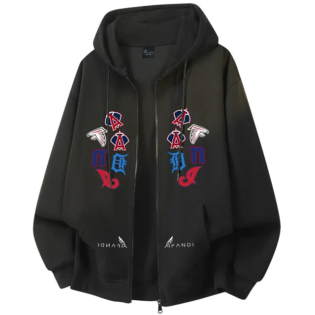 阿凡迪 重磅华棉美式复古彩色字母涂鸦卡通动物贴纸图案创意撞色印花校园基础款潮流简约个性穿搭无性别宽松拉链开衫连帽卫衣 男女同款