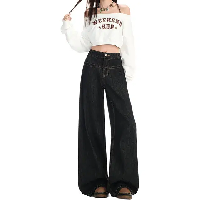 如续 弯刀秋季设计感褶皱宽松垂感百搭阔腿裤牛仔裤 女款