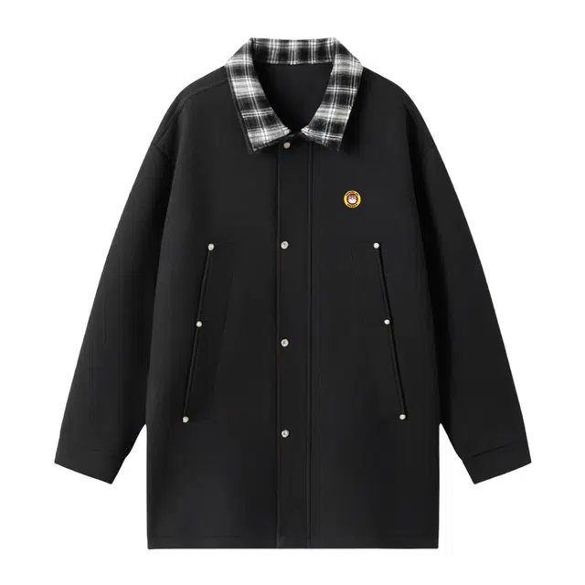 吾皇猫 原创美式复古高街简约基础款学院风撞色翻领格子春秋季中长款外套潮流潮牌休闲宽松工装上衣时尚百搭痞帅高级感 风衣 男女同款