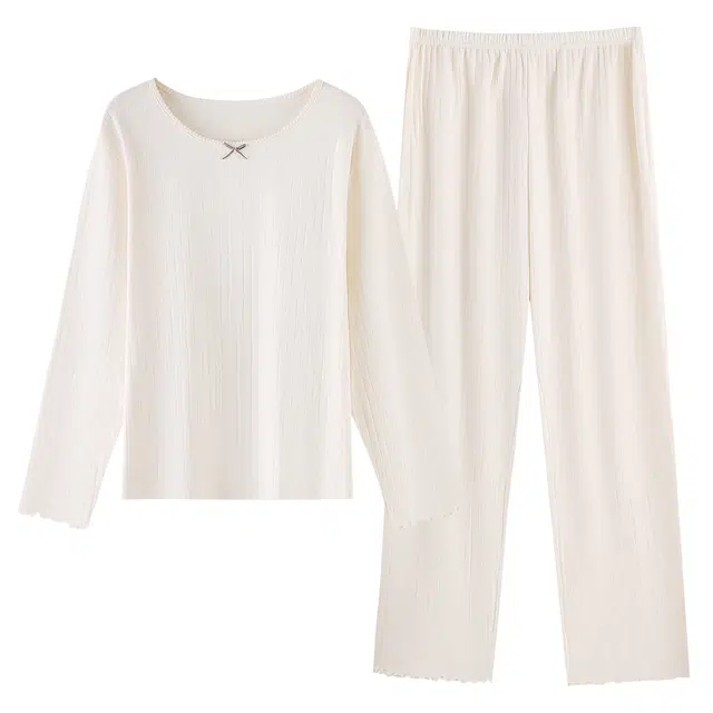 俏霓桐 简约纯色提花圆领纯棉亲肤甜美蝴蝶结休闲百搭长袖长裤家居服可外穿睡衣套装 女款