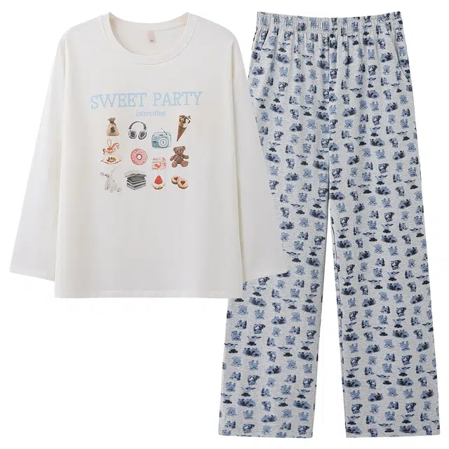 俏霓桐 简约可爱卡通圆领纯棉带胸垫亲肤甜美休闲百搭长袖长裤家居服可外穿睡衣套装 女款