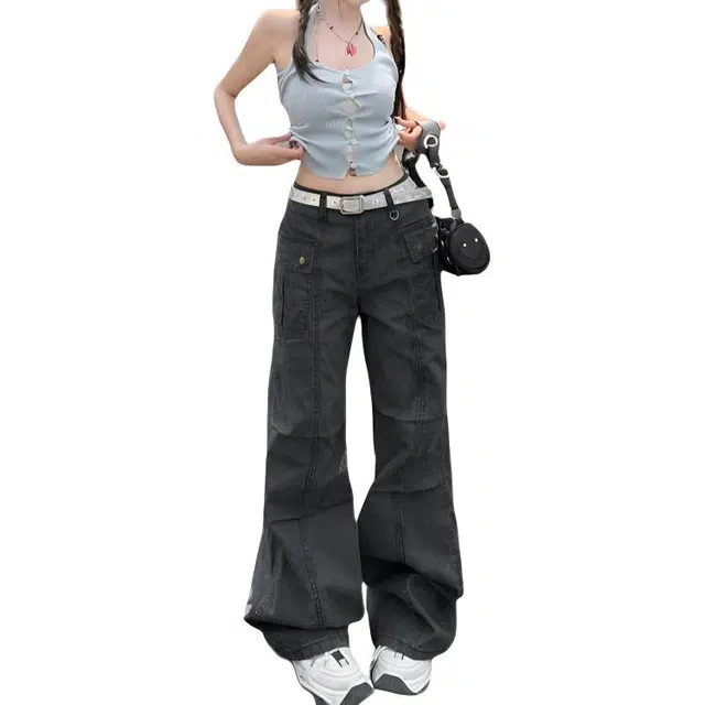 如续 美式复古多口袋褶皱小众设计感直筒长裤潮流百搭宽松阔腿工装裤 女款