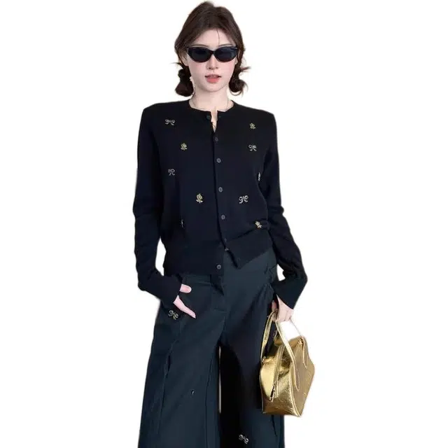 沐晓欣 法式复古蝴蝶结开衫外套上衣女设计高级感气质长袖春秋季针织衫 女款